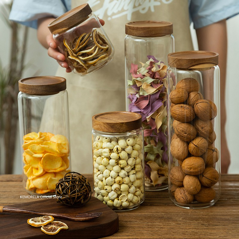 Food Storage With Glass Lids - Luftdichter Glaskanister mit Holzdeckel, für die