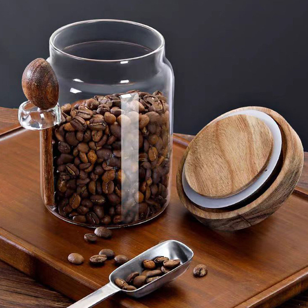 Food Storage Jars Plastic - Transparenter Glas-Lebensmittelbehälter mit luftdichtem Holzdeckel, Kaffeedose,
