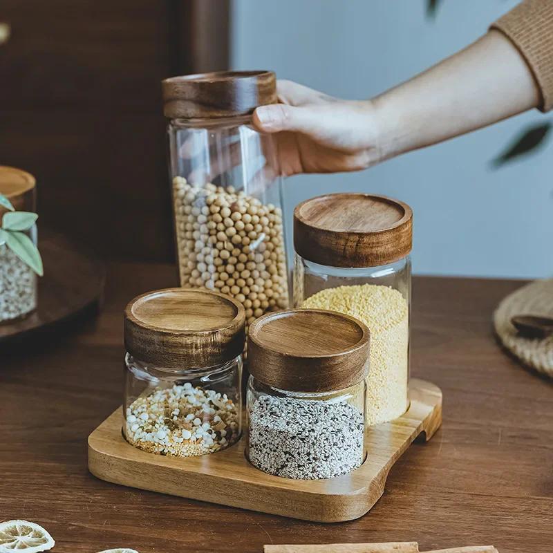 Food Storage Jar Set - Holzdeckel Orgnizer Glas luftdicht Kanister Küche